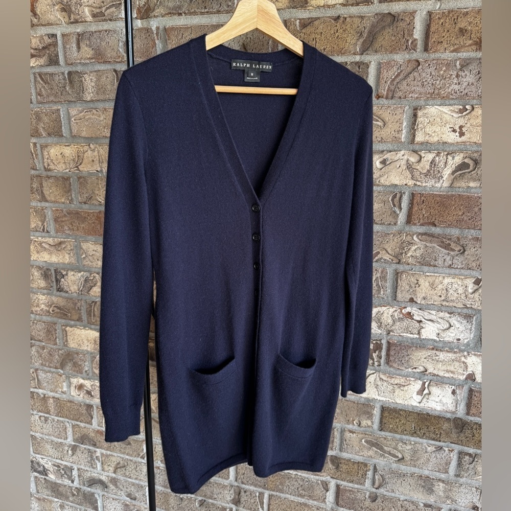 Ralph Lauren Womens 100% Cashmere Black Label Button Navy Cardigan Size Medium - Picture 3 of 13